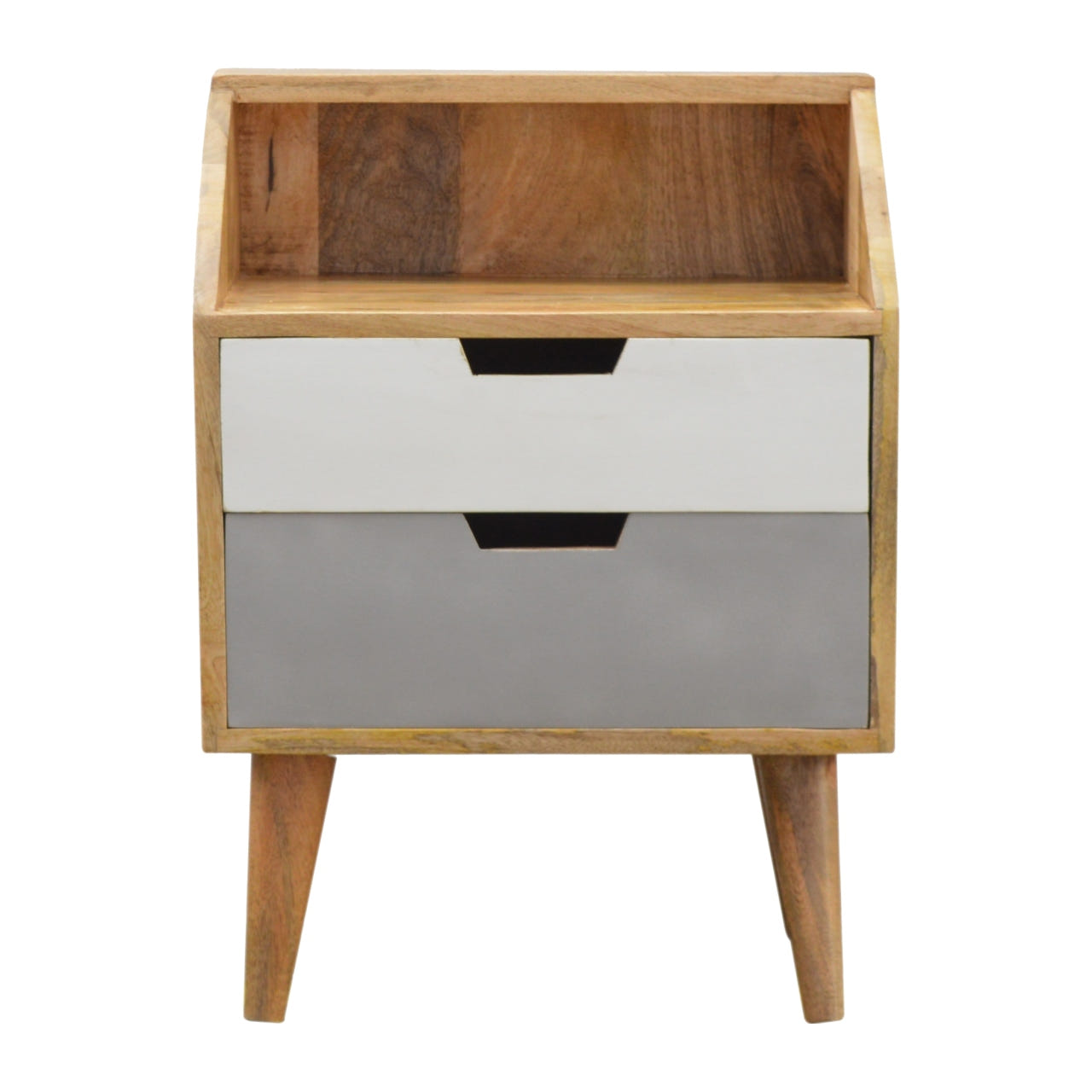 White and Grey Raised Bedside Table | Hand-Painted Solid Mango Wood