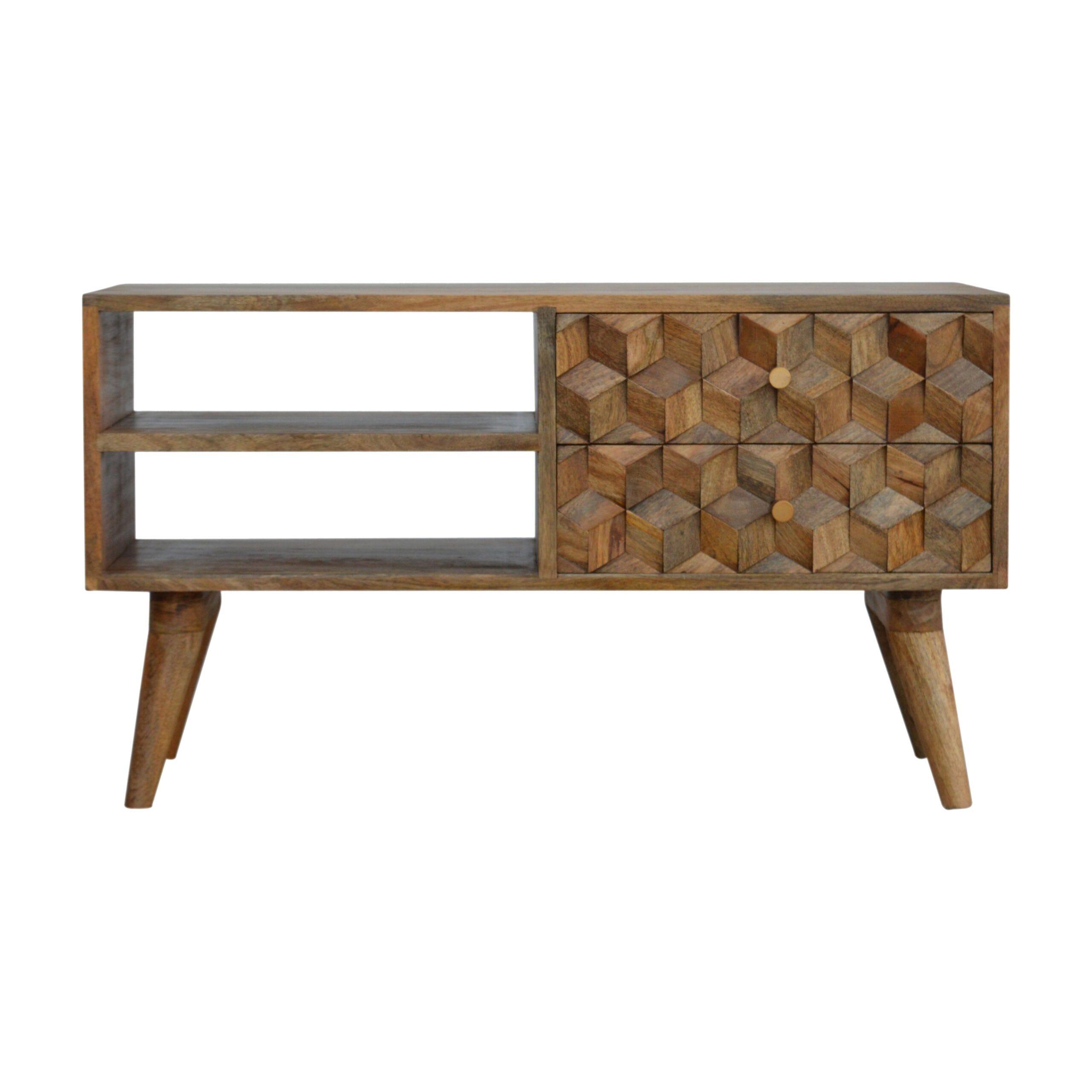 Cube Carved TV Media Unit | Oak-Ish Solid Mango Wood Hand-Carved