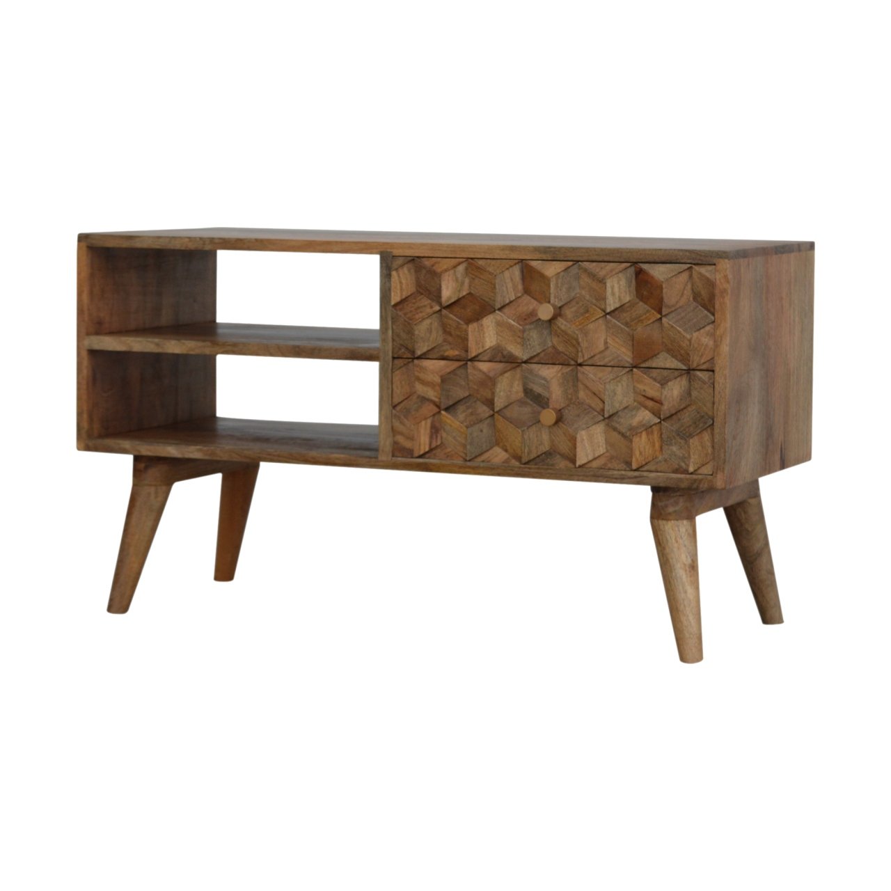 Cube Carved TV Media Unit | Oak-Ish Solid Mango Wood Hand-Carved