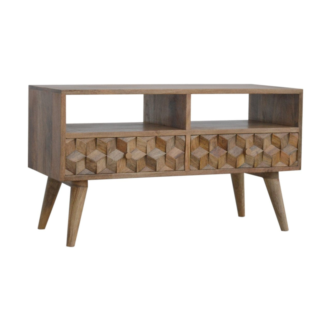 Cube Carved TV Media Unit | Oak Solid Mango Wood Hand-Carved