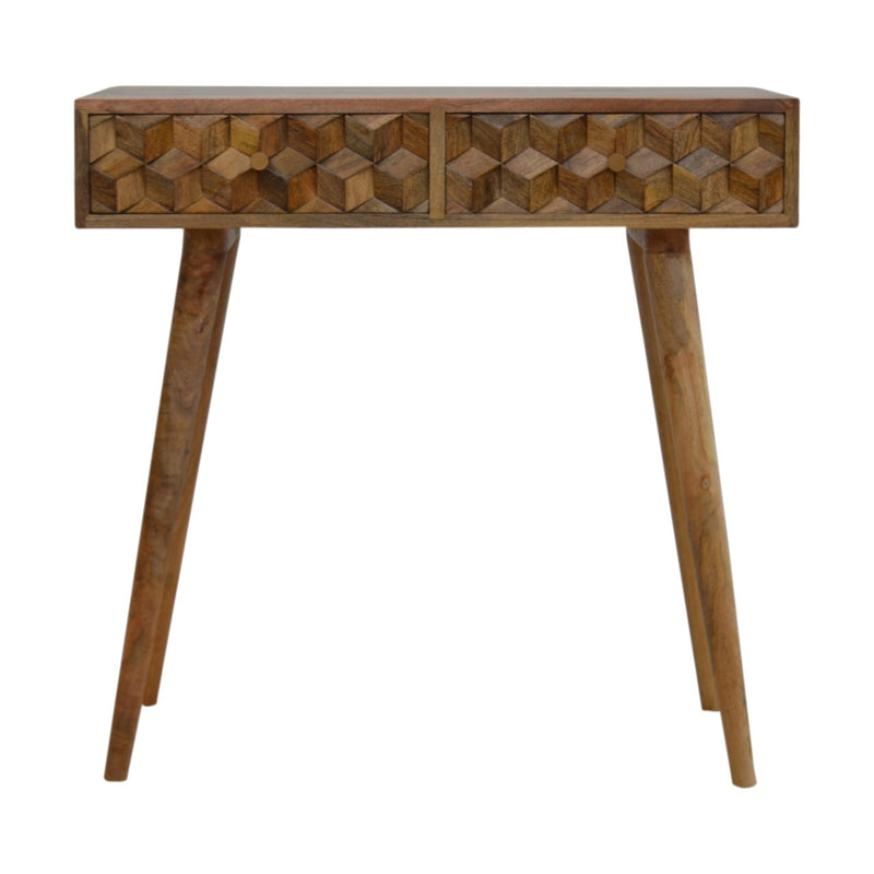 Cube Carved Console Table | Oak Solid Mango Wood Hand-Carved