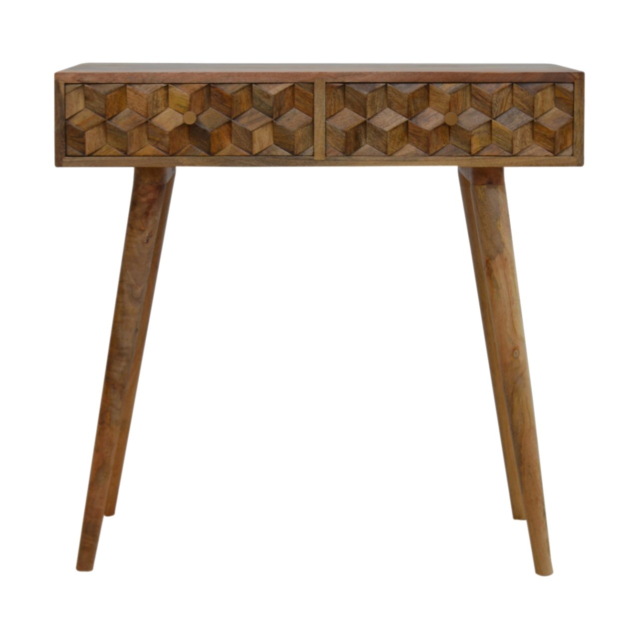 Cube Carved Console Table | Oak Solid Mango Wood Hand-Carved
