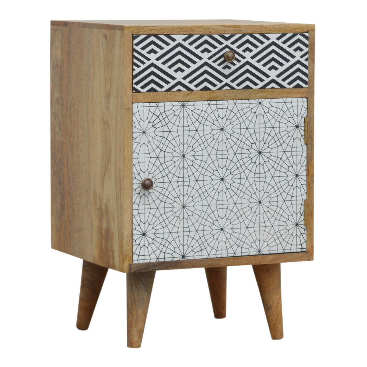 Mixed Pattern Bedside Table | Oak-Ish Solid Mango Wood