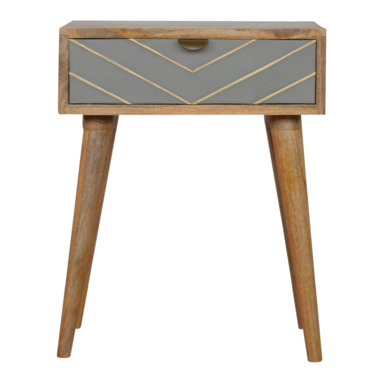 Sleek Cement Brass Inlay Bedside Table | Oak-Ish Solid Mango Wood