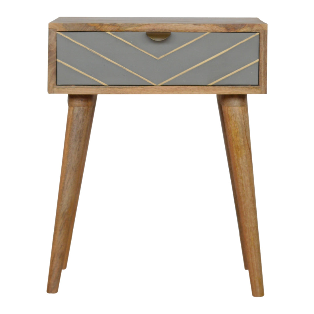 Sleek Cement Brass Inlay Bedside Table | Oak-Ish Solid Mango Wood