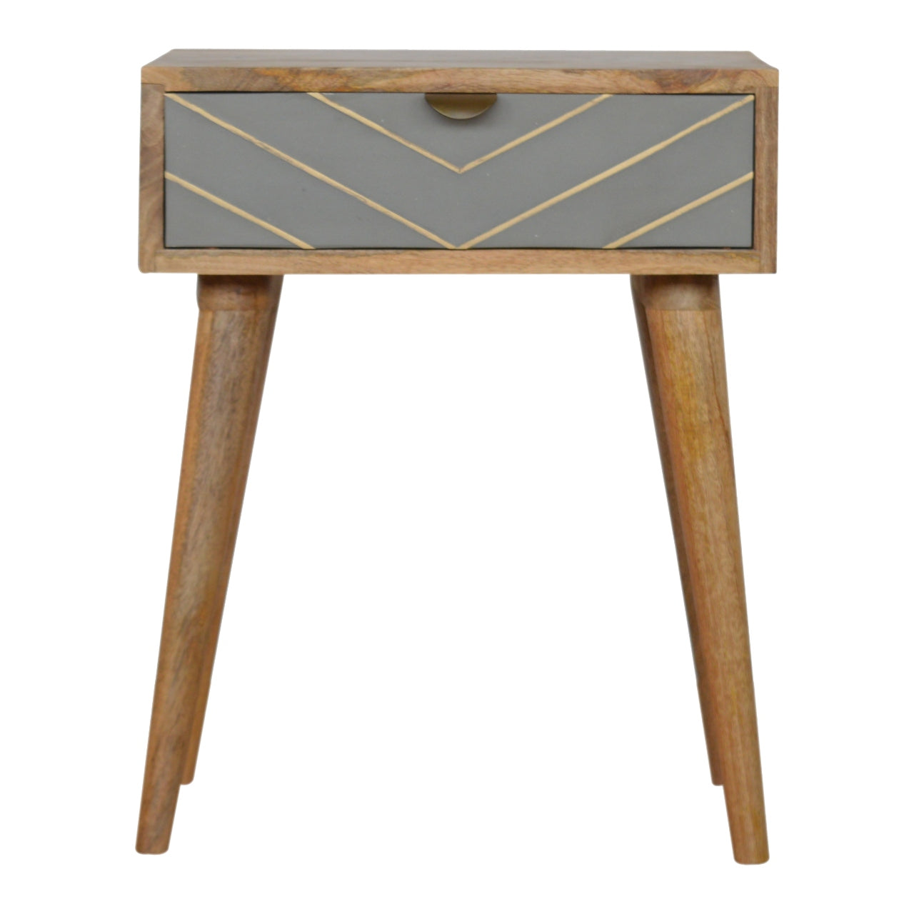 Sleek Cement Brass Inlay Bedside Table | Oak-Ish Solid Mango Wood