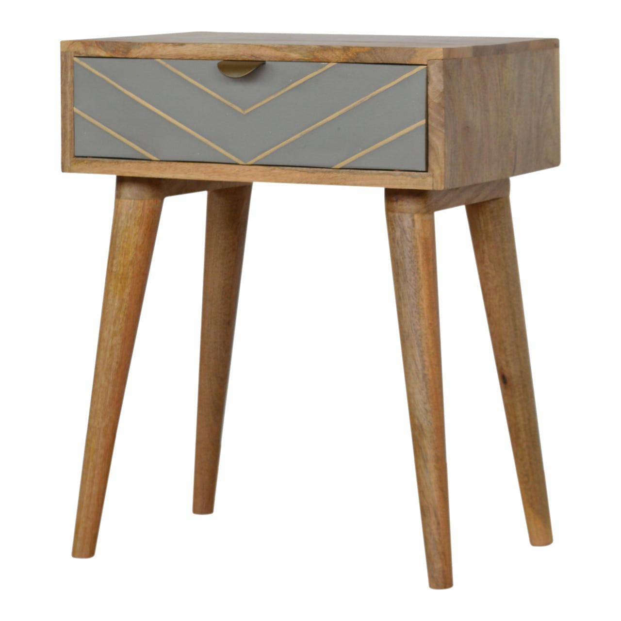 Sleek Cement Brass Inlay Bedside Table | Oak-Ish Solid Mango Wood