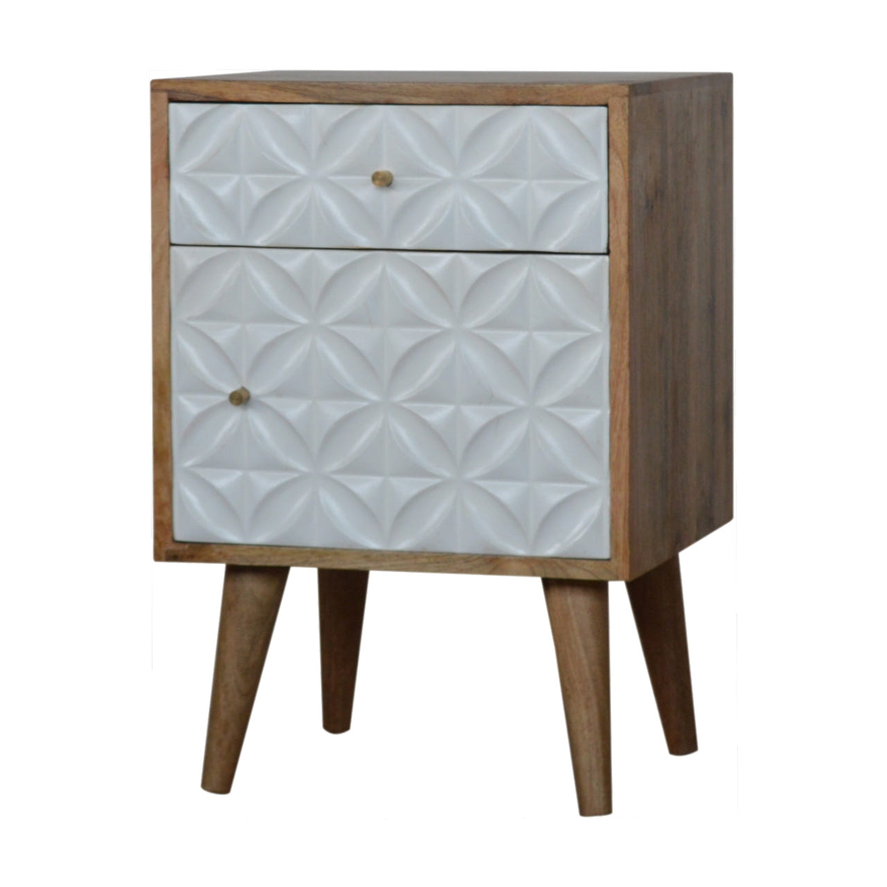 Daisy Carved 1 Door Bedside Table | Oak-Ish Mango Wood Hand-Carved