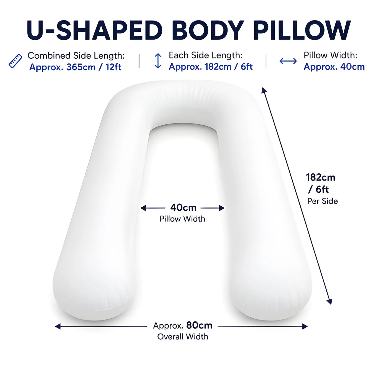White U-shaped pregnancy body pillow with dimension labels and measurements on a white background, including overall width, side length, and pillow width.