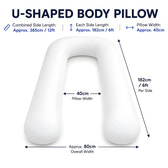 White U-shaped pregnancy body pillow with dimension labels and measurements on a white background, including overall width, side length, and pillow width.