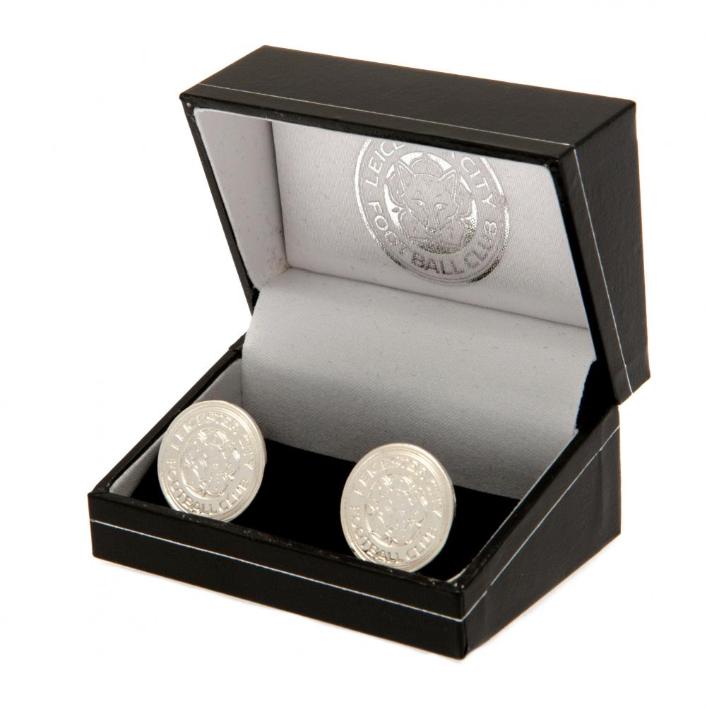 Leicester City FC Silver Plated Cufflinks featuring a detailed crest, an elegant fan accessory from Taylors, perfect for showcasing team spirit.