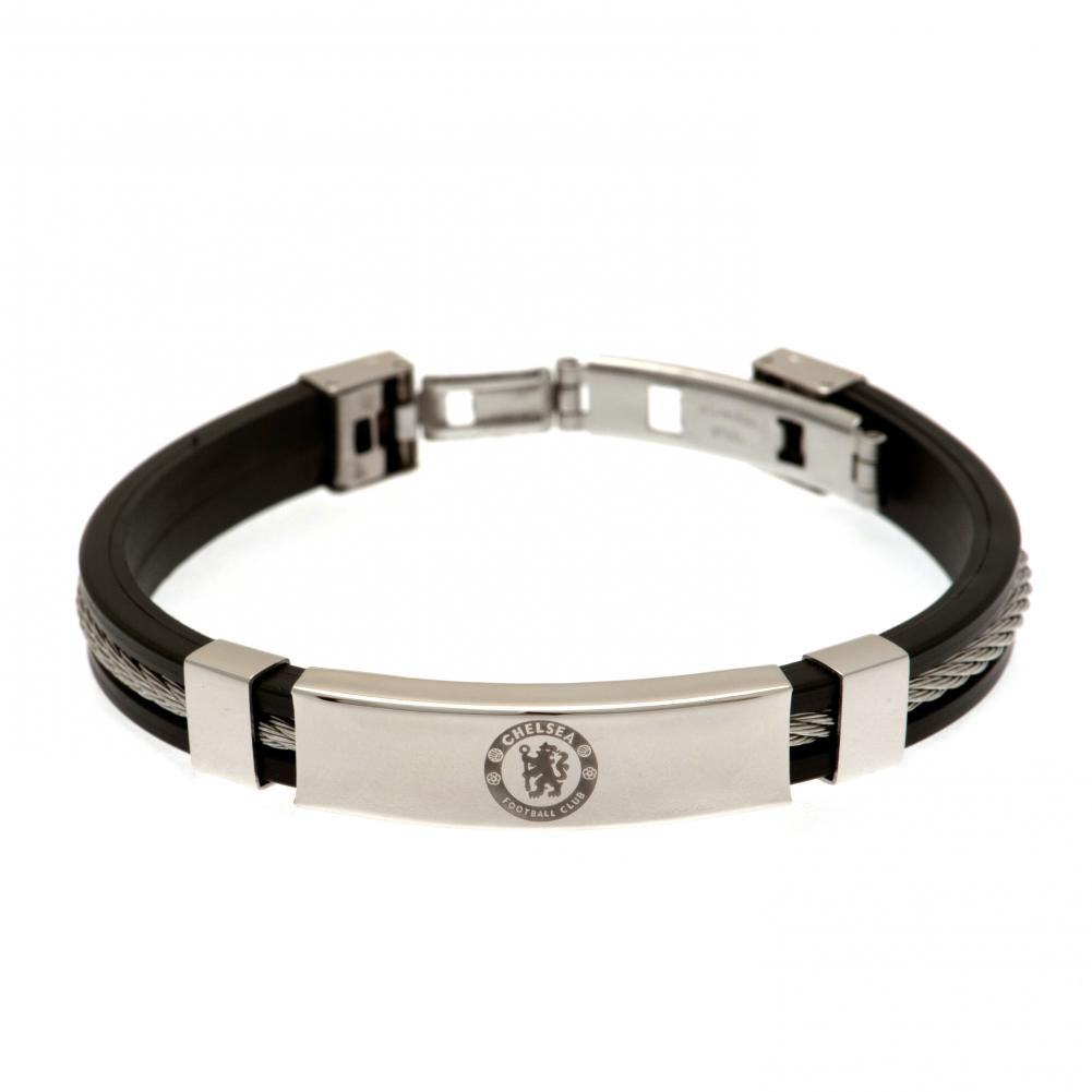 Chelsea FC Silver Inlay Silicone Bracelet With Stainless Steel Crest, a stylish supporter accessory showcasing a sleek black silicone band with a silver rope insert and the iconic Chelsea FC logo.