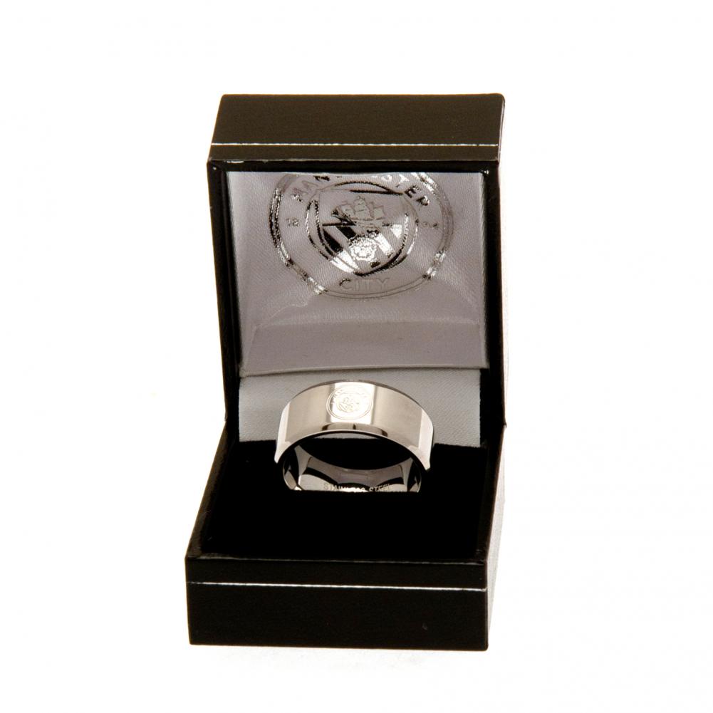Manchester City FC Medium Band Ring - Stylish Stainless Steel with Engraved Crest showcasing unique bevelled edge and chrome finish, perfect for fans of the City Football Club.
