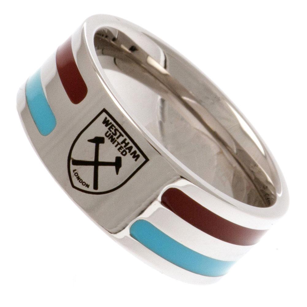 West Ham United FC Medium Colour Stripe Ring made of stainless steel showcasing the engraved crest and vibrant claret and blue colours.