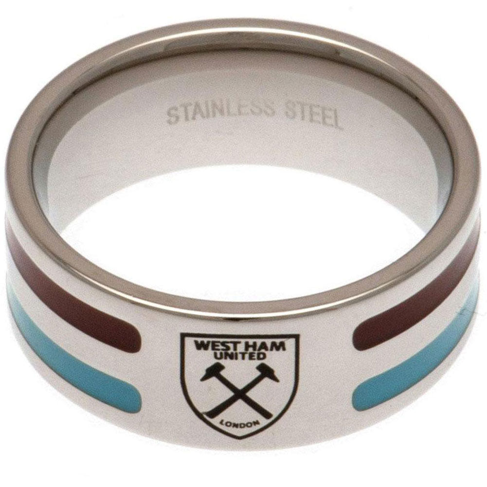West Ham United FC Medium Colour Stripe Ring - Stainless Steel with Engraved Crest