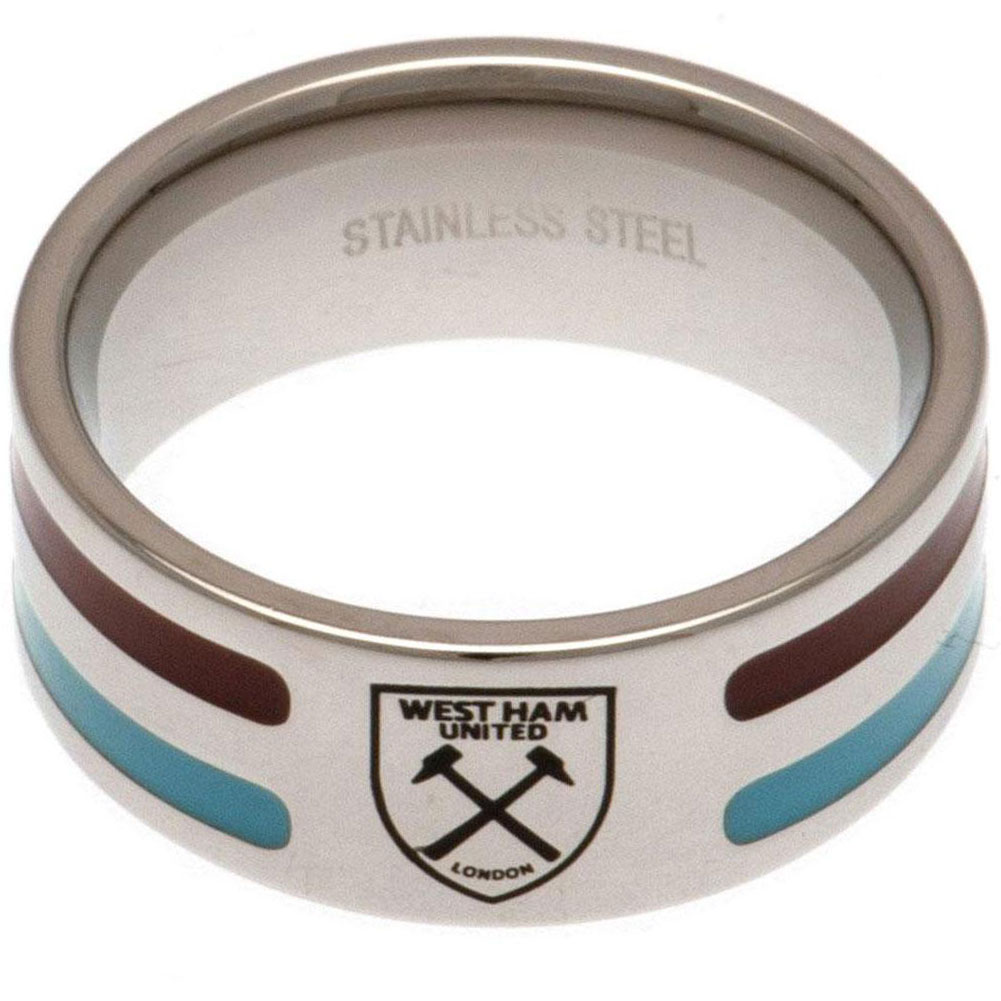 West Ham United FC Medium Colour Stripe Ring - Stainless Steel with Engraved Crest