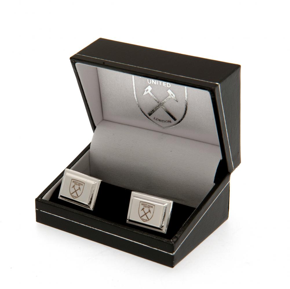 West Ham United FC Silver Plated Cufflinks with Engraved Crest displayed elegantly, perfect for showcasing team pride and adding sophistication to formal attire.