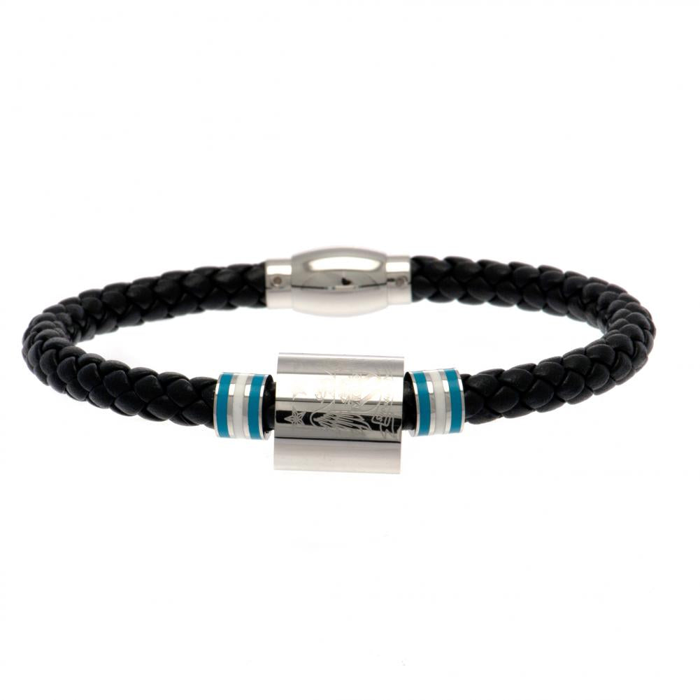 Manchester City FC Leather Bracelet with Colour Rings & Club Crest - Stylish Fan Accessory displaying the elegant design of black leather and stainless steel rings.