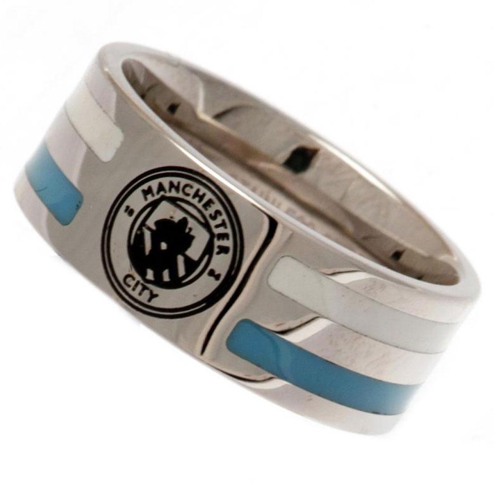 Manchester City FC Medium Colour Stripe Ring in Stainless Steel with Iconic Crest, showcasing the elegant chrome finish and sky blue and white colour inserts.