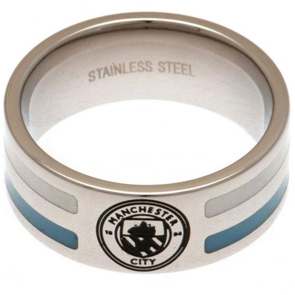 Manchester City FC Medium Colour Stripe Ring in Stainless Steel with Iconic Crest