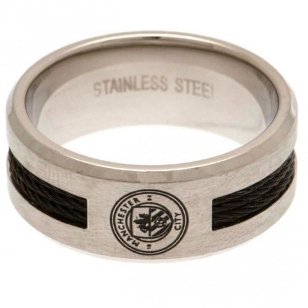 Manchester City FC Large Black Inlay Ring - Stainless Steel with City Crest