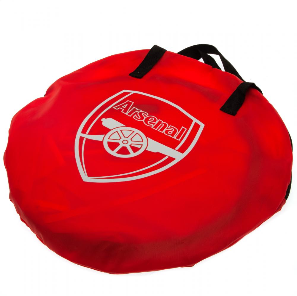 Arsenal FC Pop Up Target Goal - Versatile Football Training Tool with Portable Design set up in a garden, perfect for young football enthusiasts to practice their shooting skills.