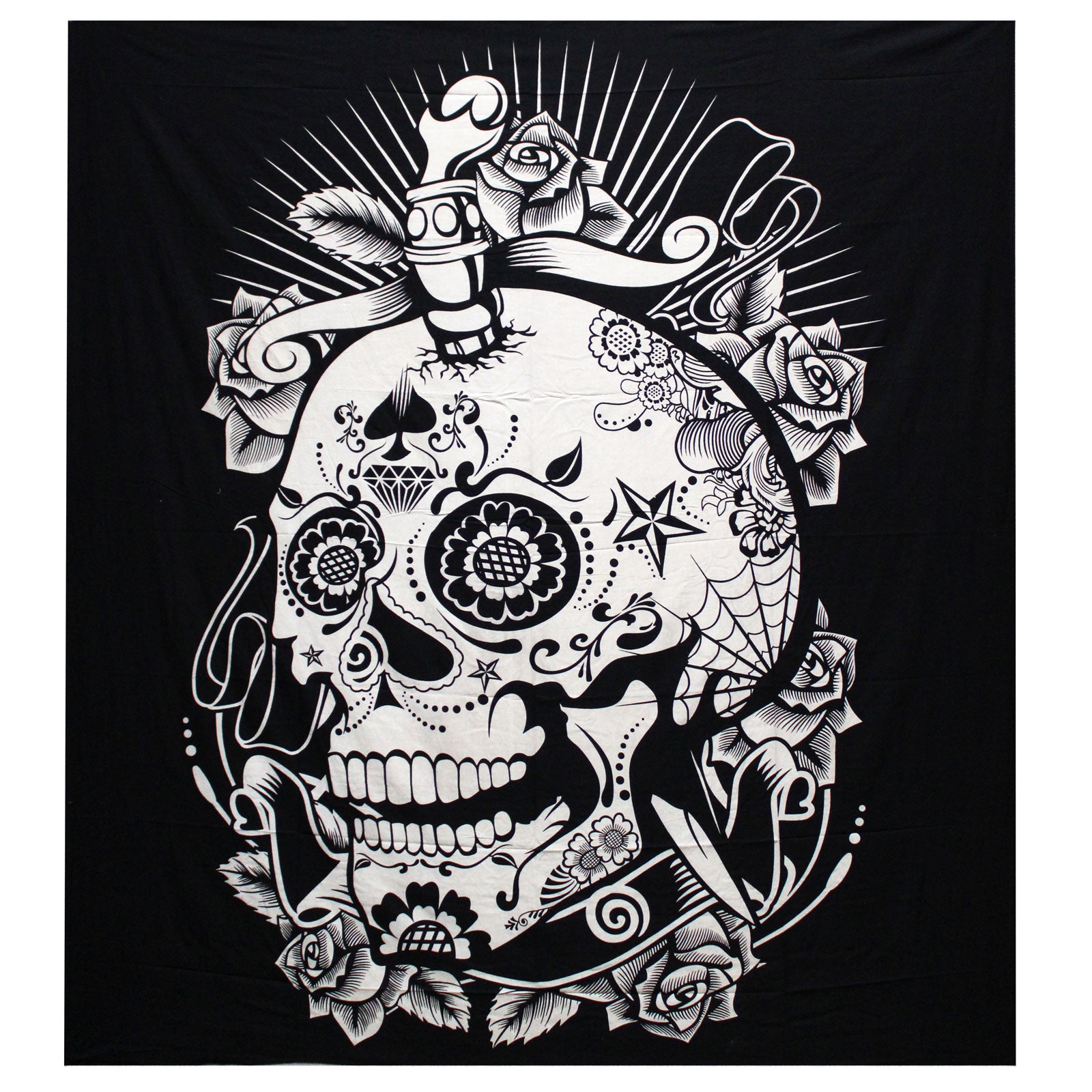 B&W Double Cotton Bedspread + Wall Hanging - Rose Skull