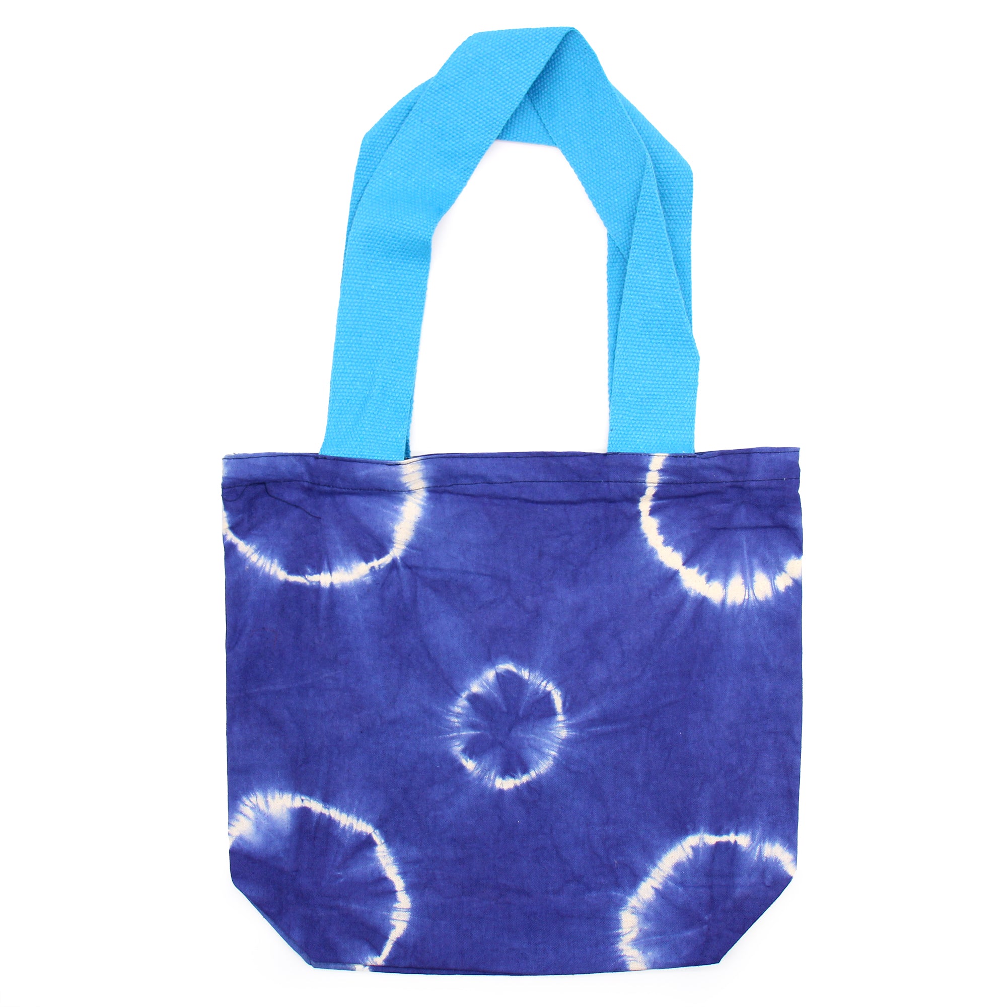 Natural Tye-Dye Cotton Bag (8oz) - 38x42x12cm - Blue Rings - Blue Handle