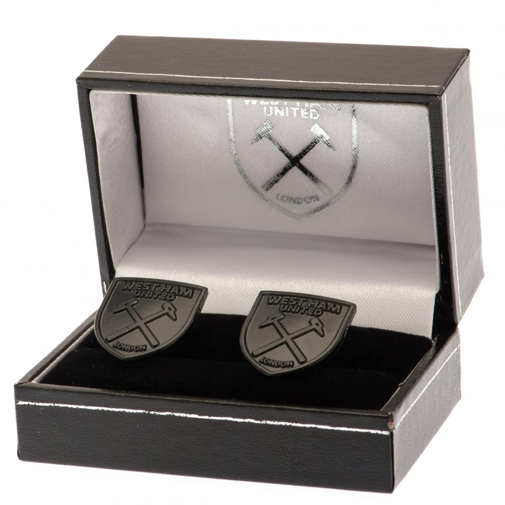 West Ham United FC Black IP Cufflinks, stylish stainless steel accessories featuring the iconic West Ham crest design, showcasing your fandom and perfect for any occasion.