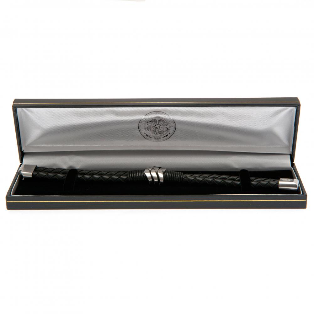 Celtic FC Twin Rope Leather Bracelet with Stainless Steel Crest - Premium Fan Accessory, showcasing a stylish twin rope design in black leather with an engraved Celtic FC crest.