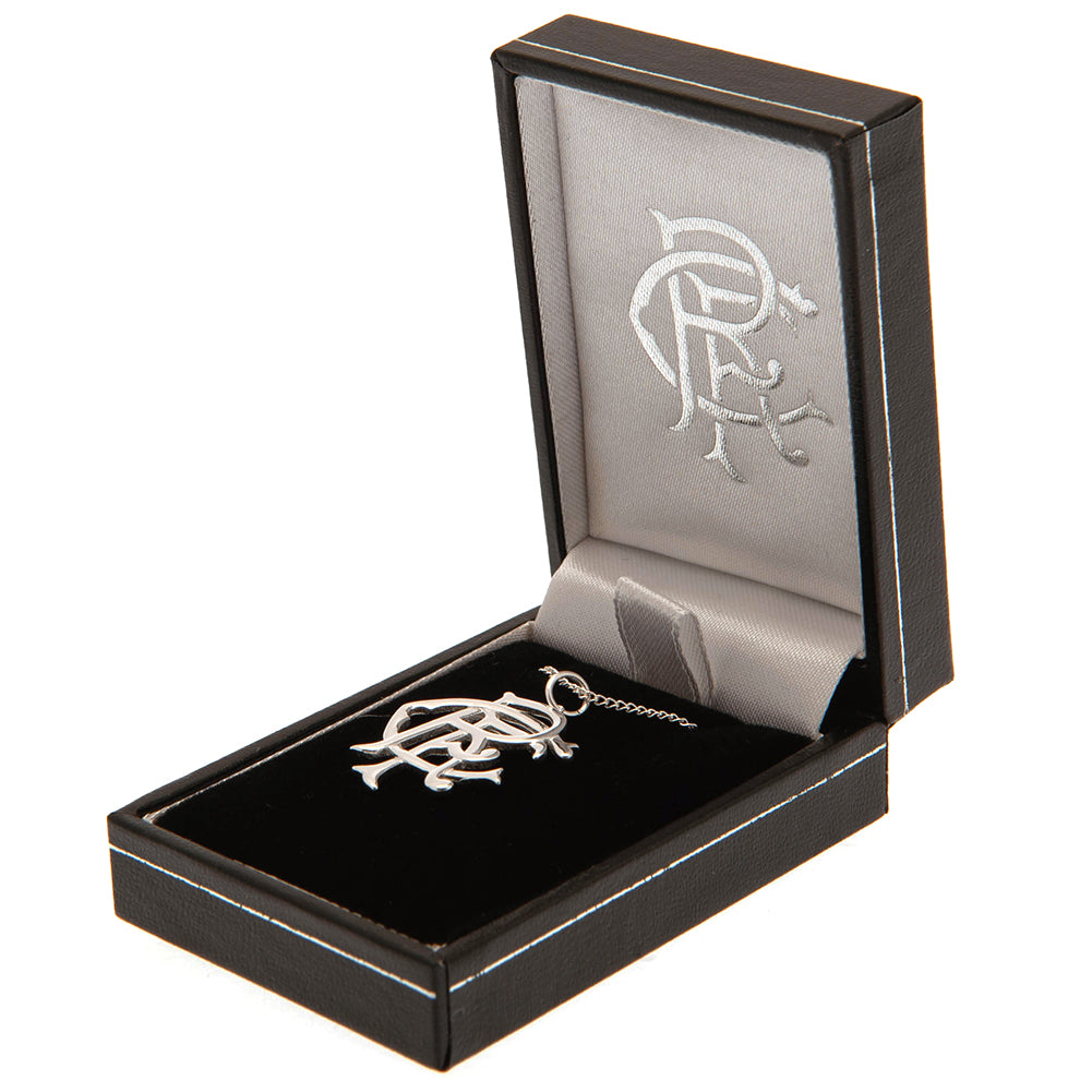Stylish Large Rangers FC Sterling Silver Pendant & Chain with intricate detailing of the Rangers Scroll Crest.