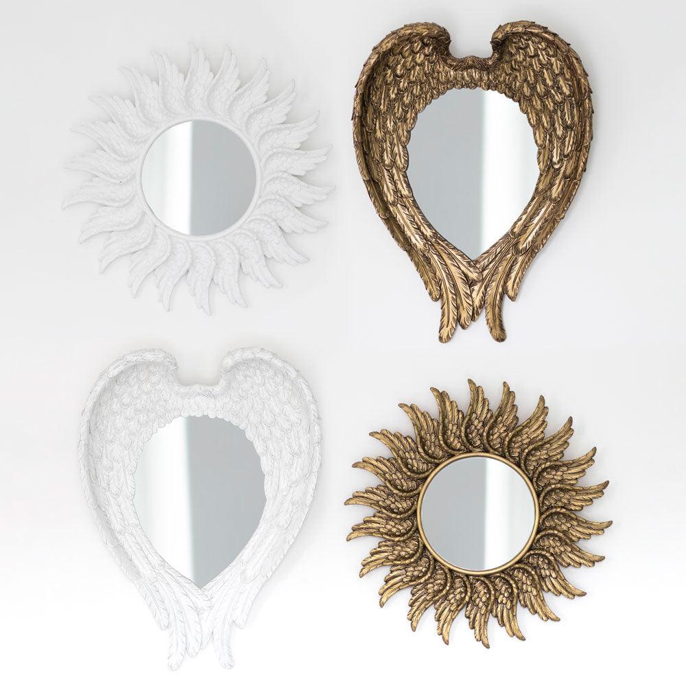 47cm Round White Glitter Angel Wing Mirror-Mirrors