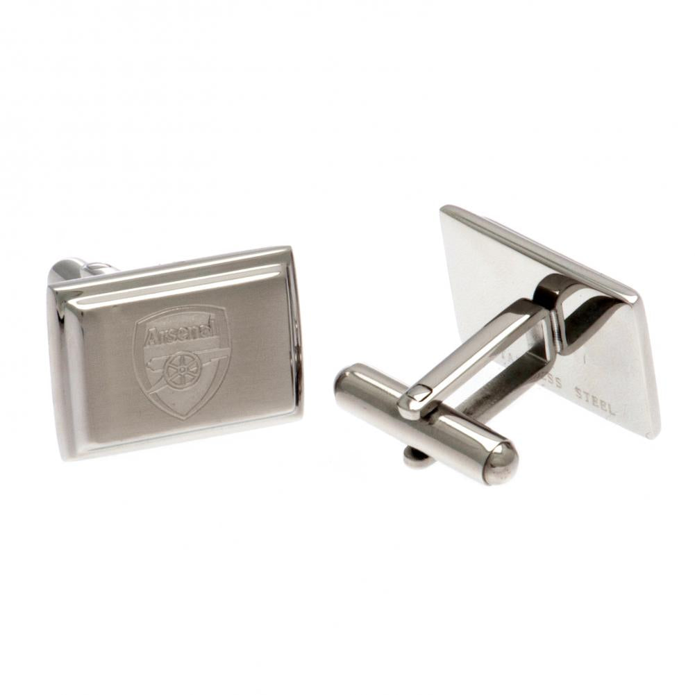 Arsenal FC Stainless Steel Tie Slide & Cufflink Set featuring engraved crest, showcasing team pride and elegance, ideal for fans.
