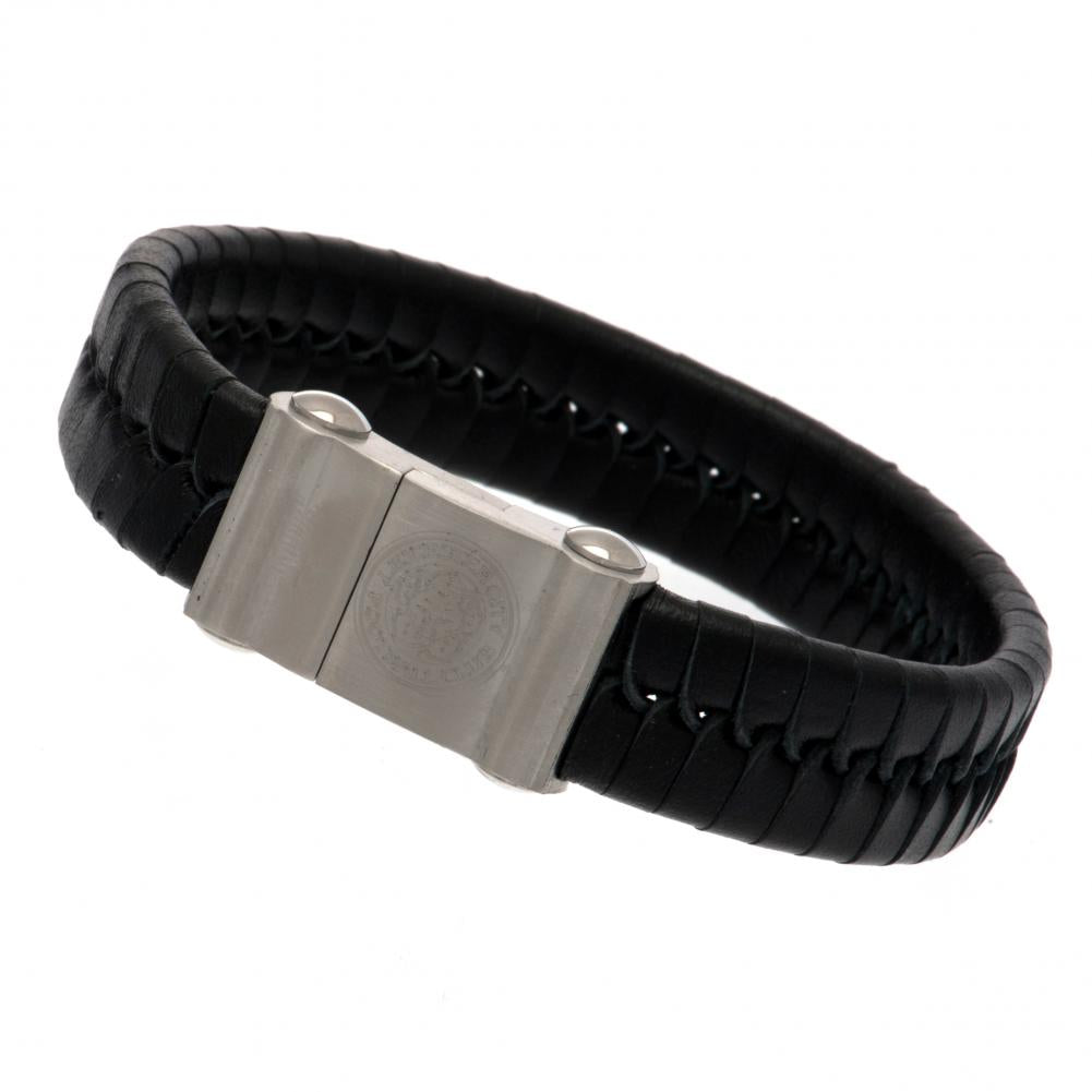 Leicester City FC Single Plait Leather Bracelet with Engraved Club Crest & Magnetic Clasp displayed elegantly on a wrist, showcasing team spirit and sophisticated style.