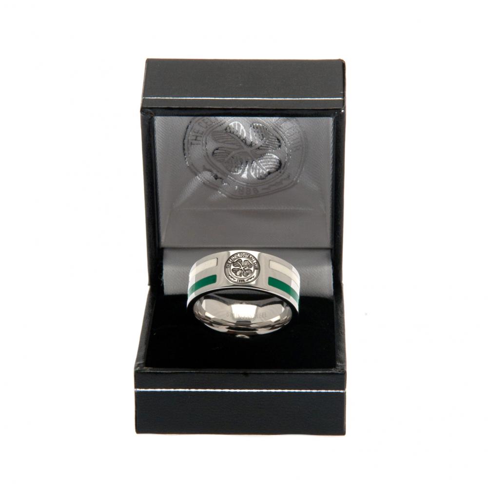 Celtic FC Medium Colour Stripe Ring in Durable Stainless Steel with Engraved Crest, showcasing green and white stripes and chrome finish, perfect for any Celtic fan.