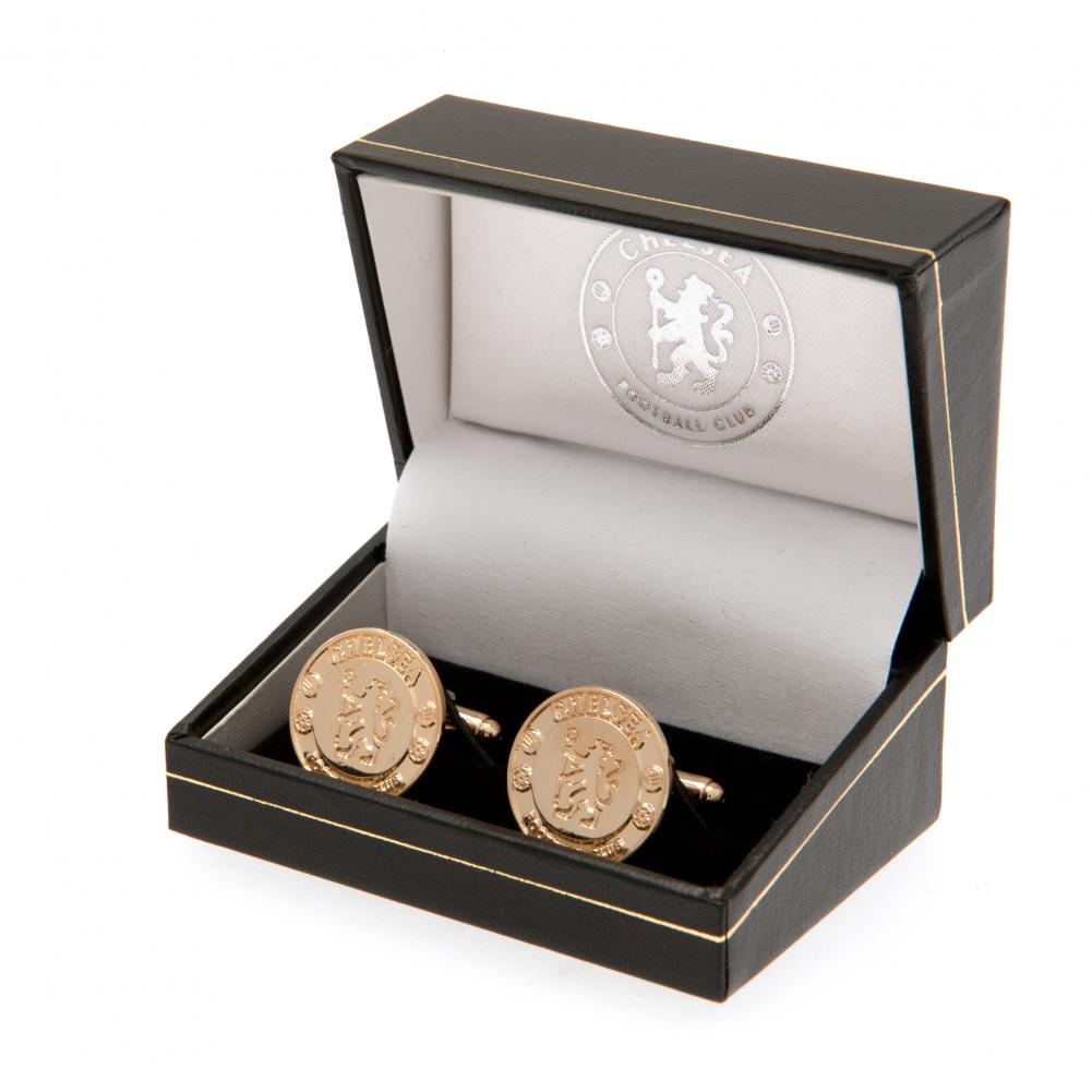 Chelsea FC Gold Plated Cufflinks featuring the iconic crest, designed for elegance and a comfortable fit, ideal for formal occasions and dedicated supporters.