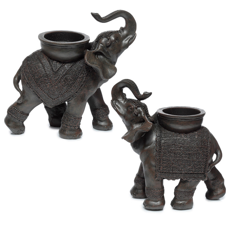Decorative Tea Light Candle Holder - Peace of the East Wood Effect Elephant on Back