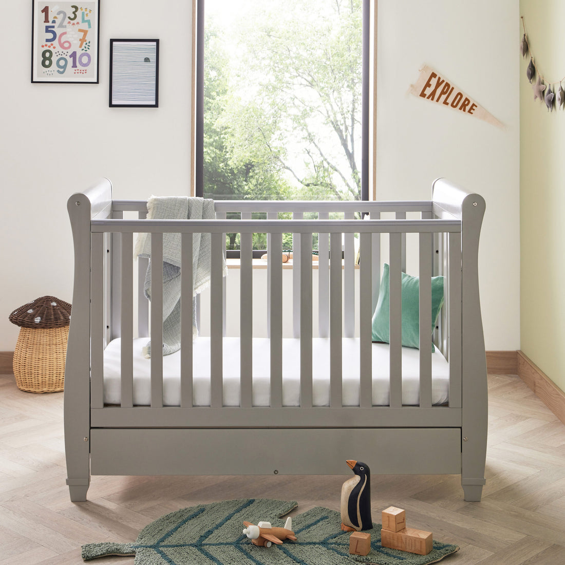 Babymore Eva Sleigh Cot Bed Drop Side with Drawer - Grey - Babymore
