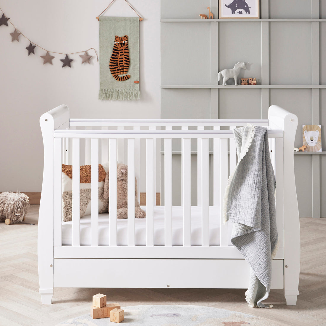 Babymore Eva Sleigh Cot Bed Drop Side with Drawer - White - Babymore