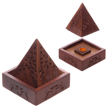 Pyramid Sheesham Wood Incense Cone Box with Fretwork