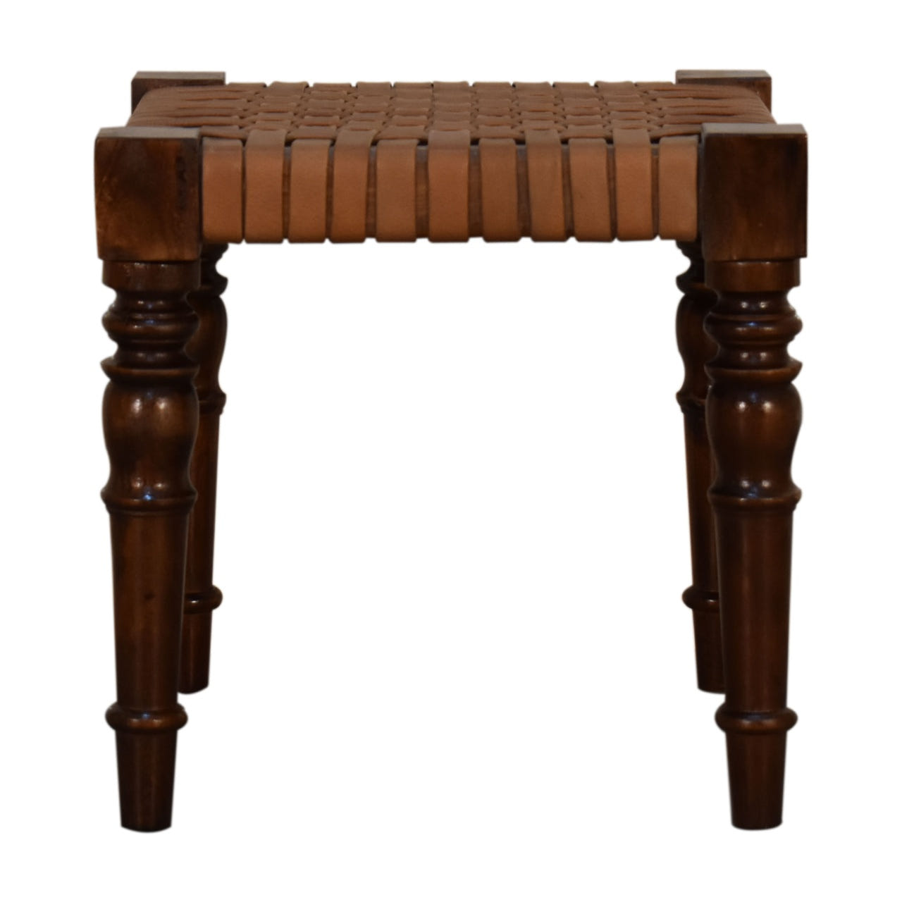 Woven Leather Footstool | Chestnut Solid Mango Wood