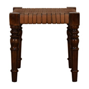 Woven Leather Footstool | Chestnut Solid Mango Wood