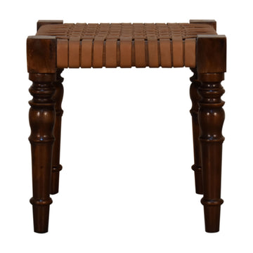 Woven Leather Footstool | Chestnut Solid Mango Wood