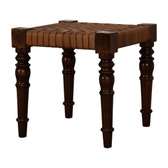Woven Leather Footstool | Chestnut Solid Mango Wood