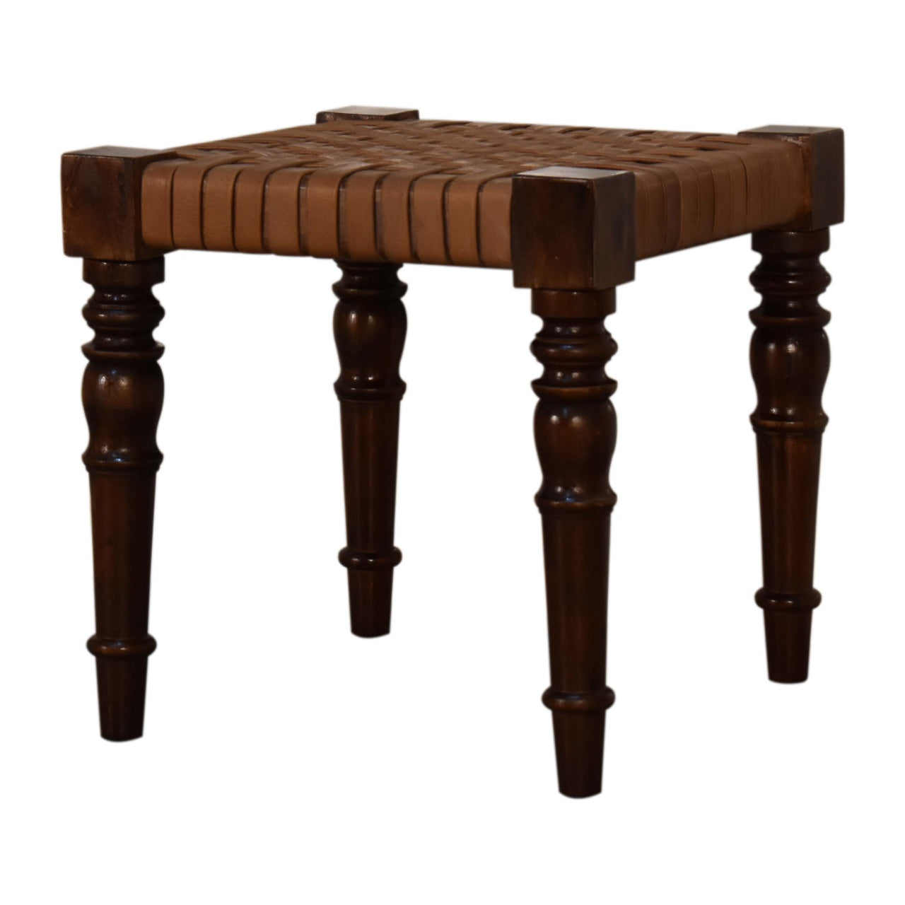 Woven Leather Footstool | Chestnut Solid Mango Wood
