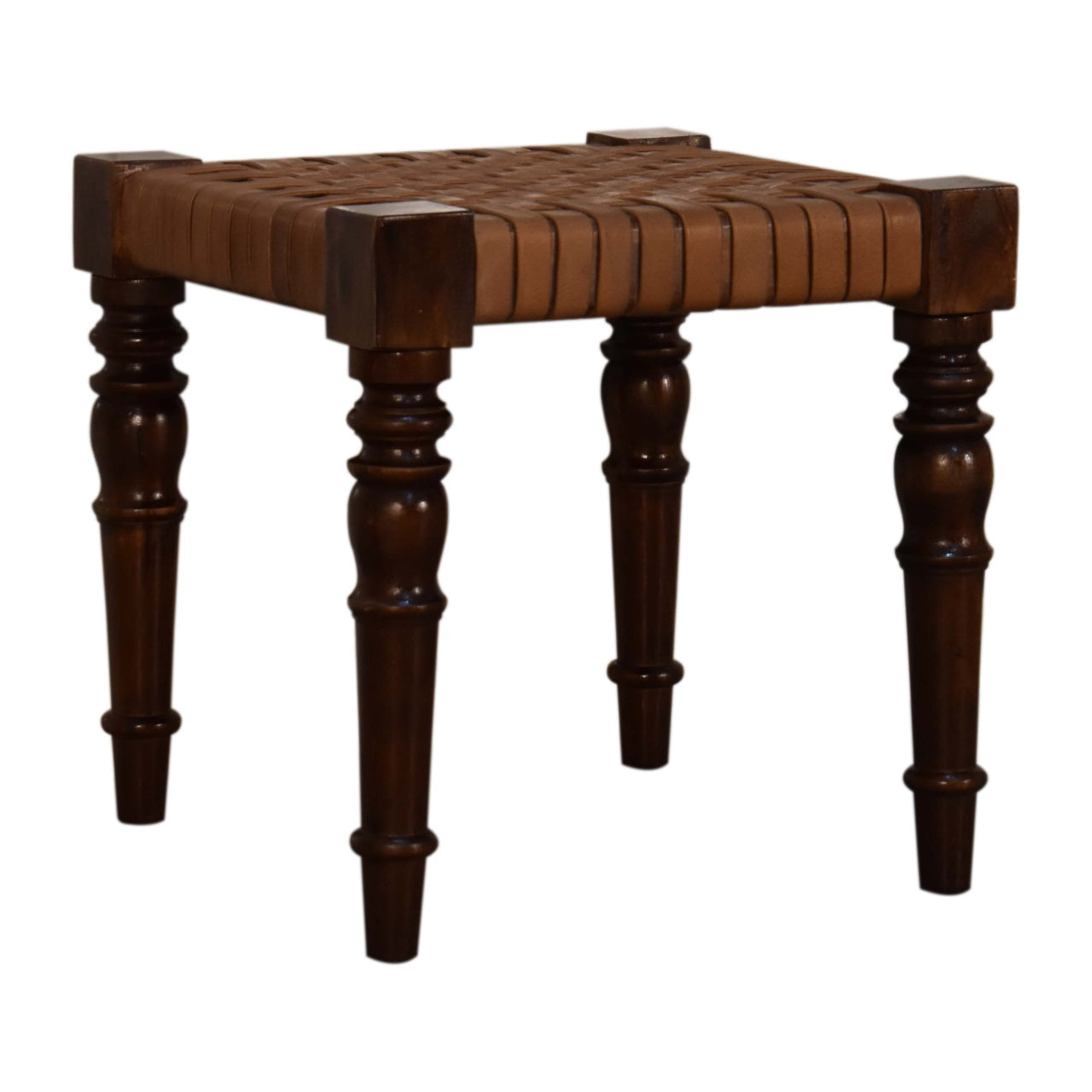 Woven Leather Footstool | Chestnut Solid Mango Wood