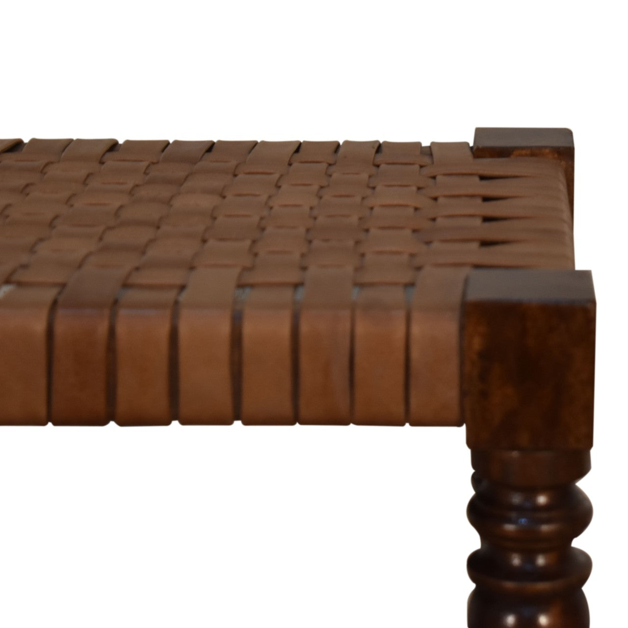 Woven Leather Footstool | Chestnut Solid Mango Wood
