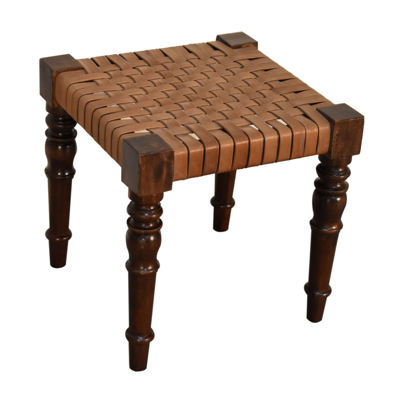 Woven Leather Footstool | Chestnut Solid Mango Wood