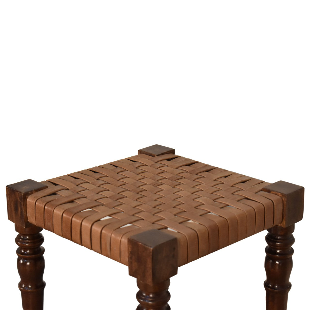 Woven Leather Footstool | Chestnut Solid Mango Wood