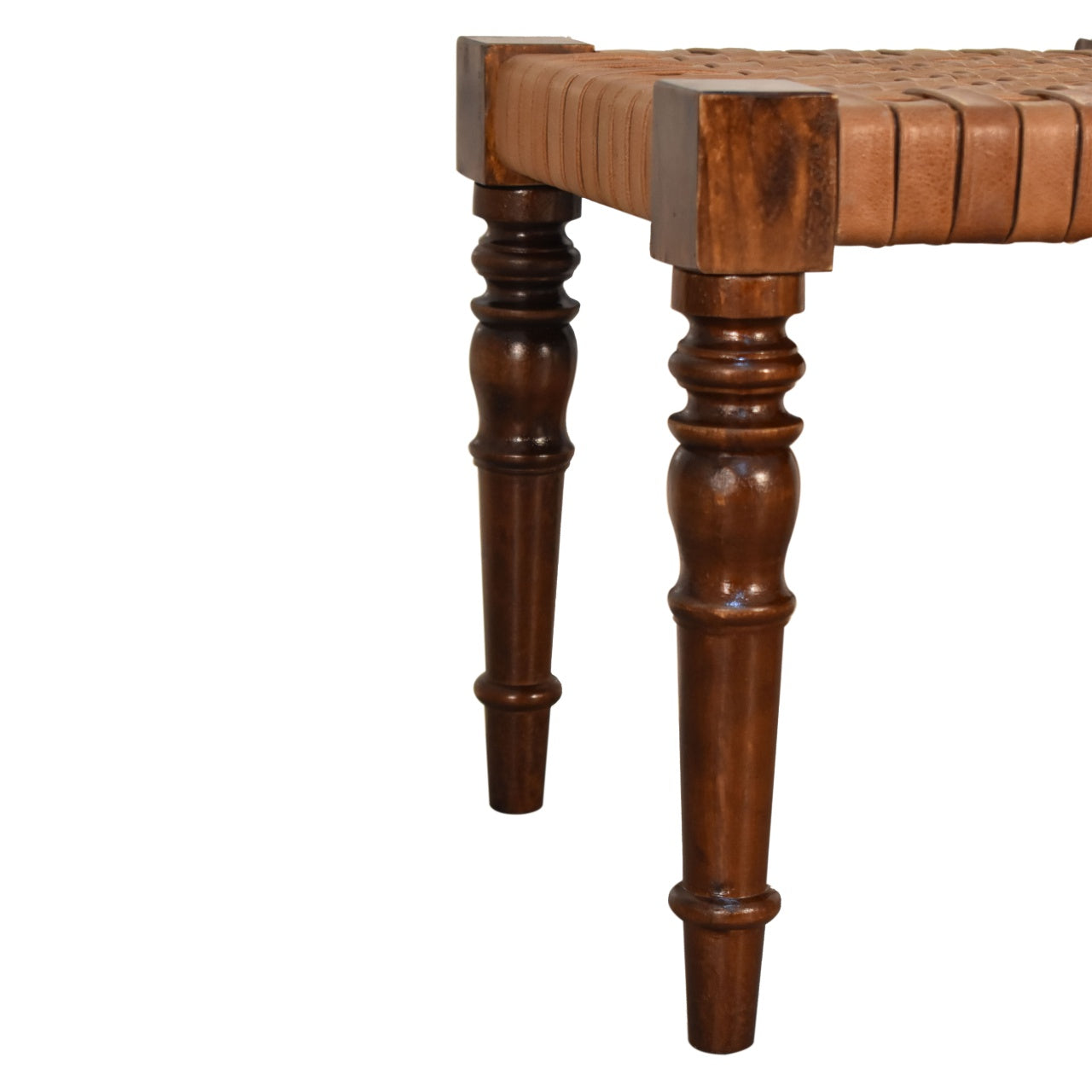 Woven Leather Footstool | Chestnut Solid Mango Wood